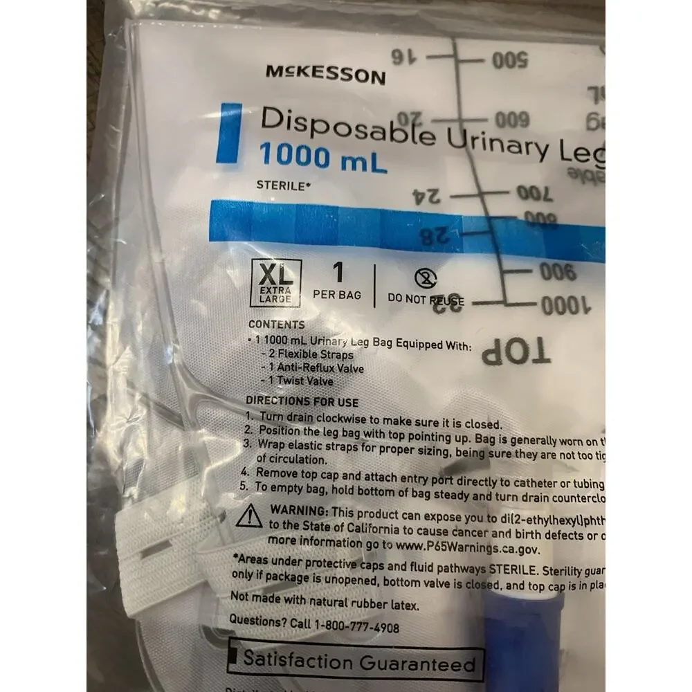 McKesson 4605 Urinary Leg Bag Anti-Reflux Valve Sterile 1000 ml Vinyl‎ Set Of 2